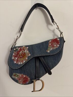 Authentic Vintage Dior Denim Floral Embellished Saddle bag